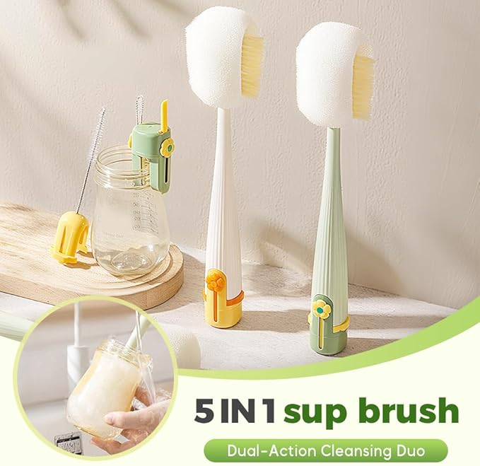 5 in 1 Bottle Cleaning Brush Set, 2025 Multifunctional Lid Brush Cleaning Tool Kitchen, Portable Long Handle Bottles Scrubber for Cup Lids, Hard Bristle Sponge Head Bottle Brushes (Green)