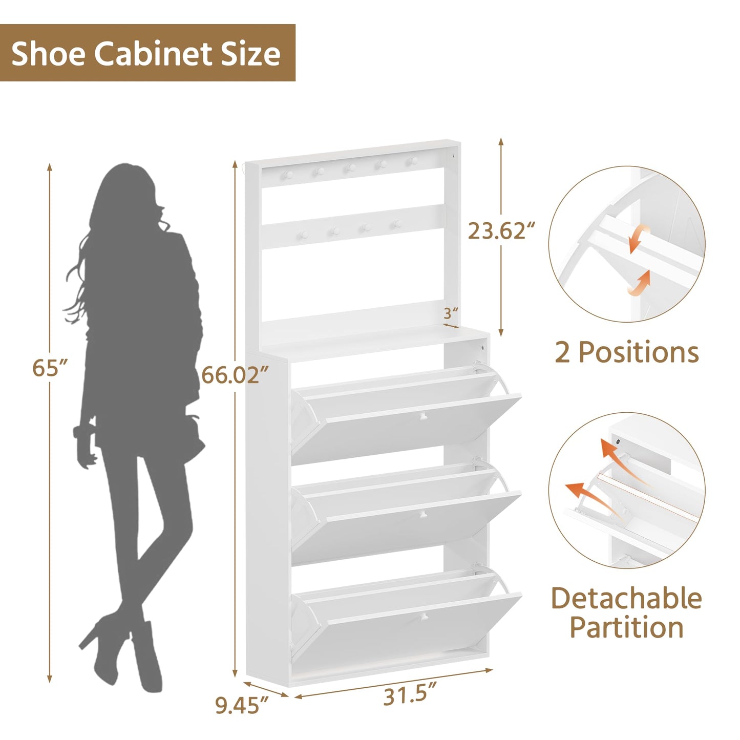 YMBSBUY Shoe Cabinet with 3 Flip Drawers, Narrow Shoe Cabinet with 9 Hooks Coat Rack, Freestanding Shoes Storage Cabinets with Adjustable Shelves for Entryway, Hallway, Living Room, White