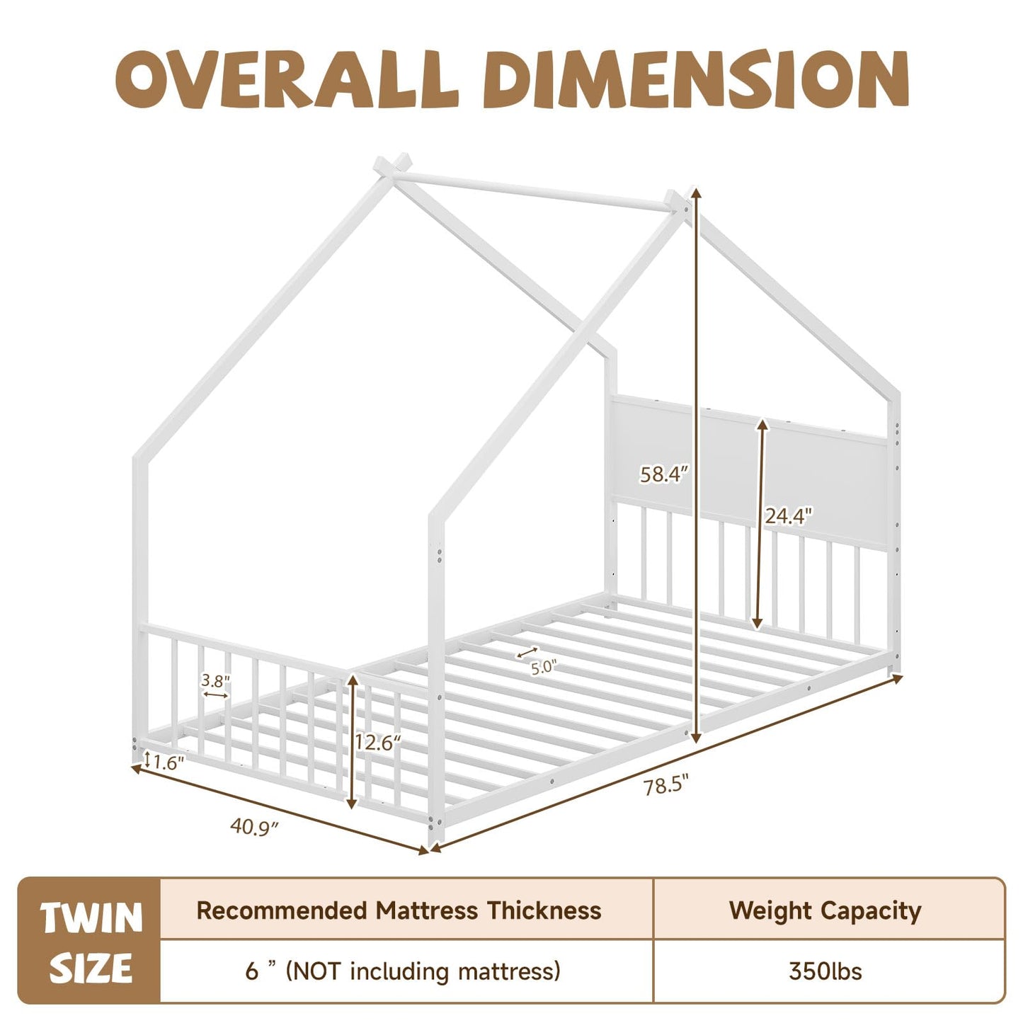 Osparple Twin Size Toddler Floor Bed with LED Light, Metal Montessori Bed Frame, Metal House Bed, Playhouse Floor Bed, Platform Bedframe with Headboard, Footboard and Slats Support for Boys and Girls