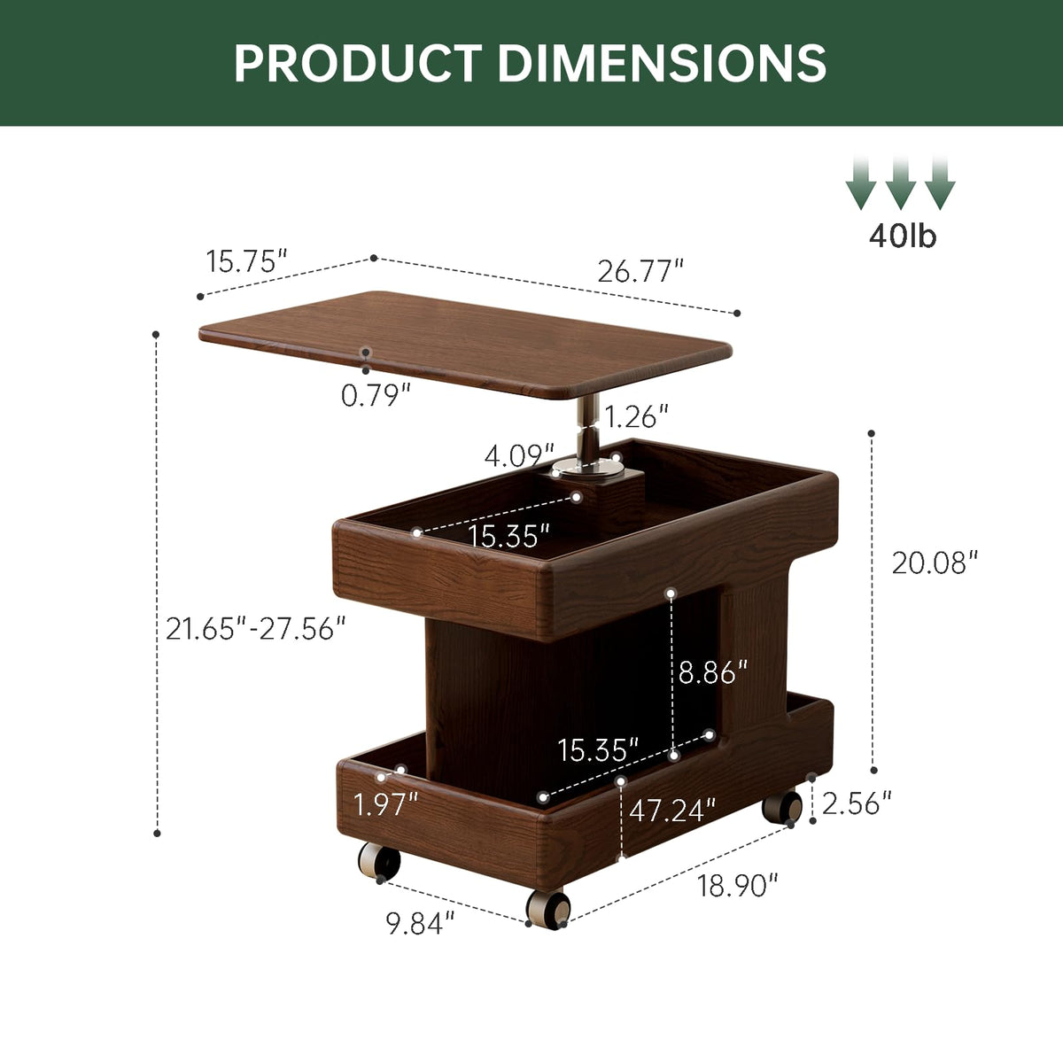 Vadisun 100% Solid Wood Lift Top Coffee Table, Small Bedside Table with Rolling Wheels, Adjustable Side Table for Dining Room, Recliner and Small Places(Walnut, Fully Assembled Furniture)