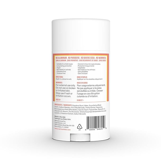Fresh Kidz Deodorant Stick for Kids and Teens - Baking Soda and Aluminum-free 24 Hour Protection for Sensitive Skin - Girls "Coral", 2.65 oz / 75 g