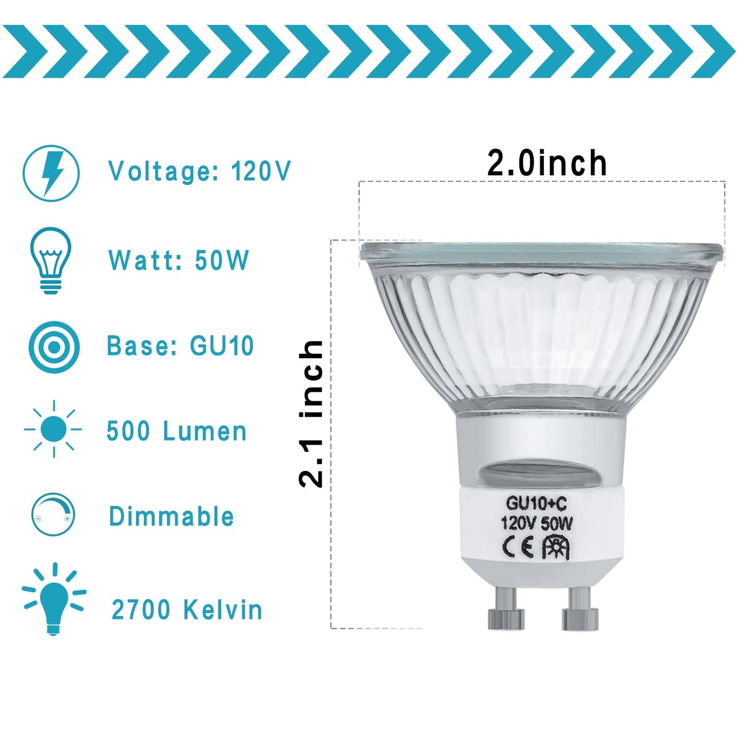 YBEK GU10 Halogen Bulbs 50W 120V MR16 for Scent Wax Burner, Dimmable Warm White, Pack of 4