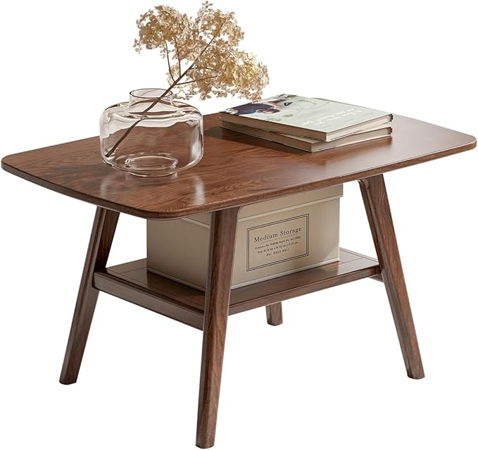 Wayshome 100% Solid Oak Wood Coffee Table for Living Room, 2-Tier Small Table with Storage Shelf, Mid Century Modern Coffee Tables (Walnut, 31.49" x 19.68" x 17.32")