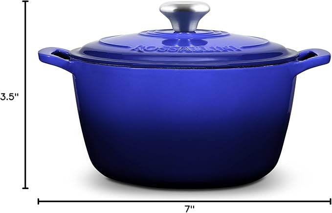 Signature Enameled Cast Iron Dutch Oven, Non-Stick Serving Pot with Tight Fitting Lid for Perfect Roasting, Baking, Sauteing, and Bread Making | 2Q (1.9L) - Indigo Blue