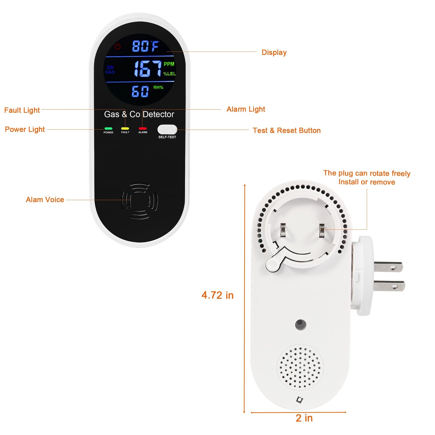 Koabbit Natural Gas & Carbon Monoxide Detector, Plug in Carbon Monoxide Alarm,Natural Gas Detector,Propane,4-in-1 Combustible Gas & CO Detector with Fahrenheit(°F) & Humidity for Home,RV,Apartment