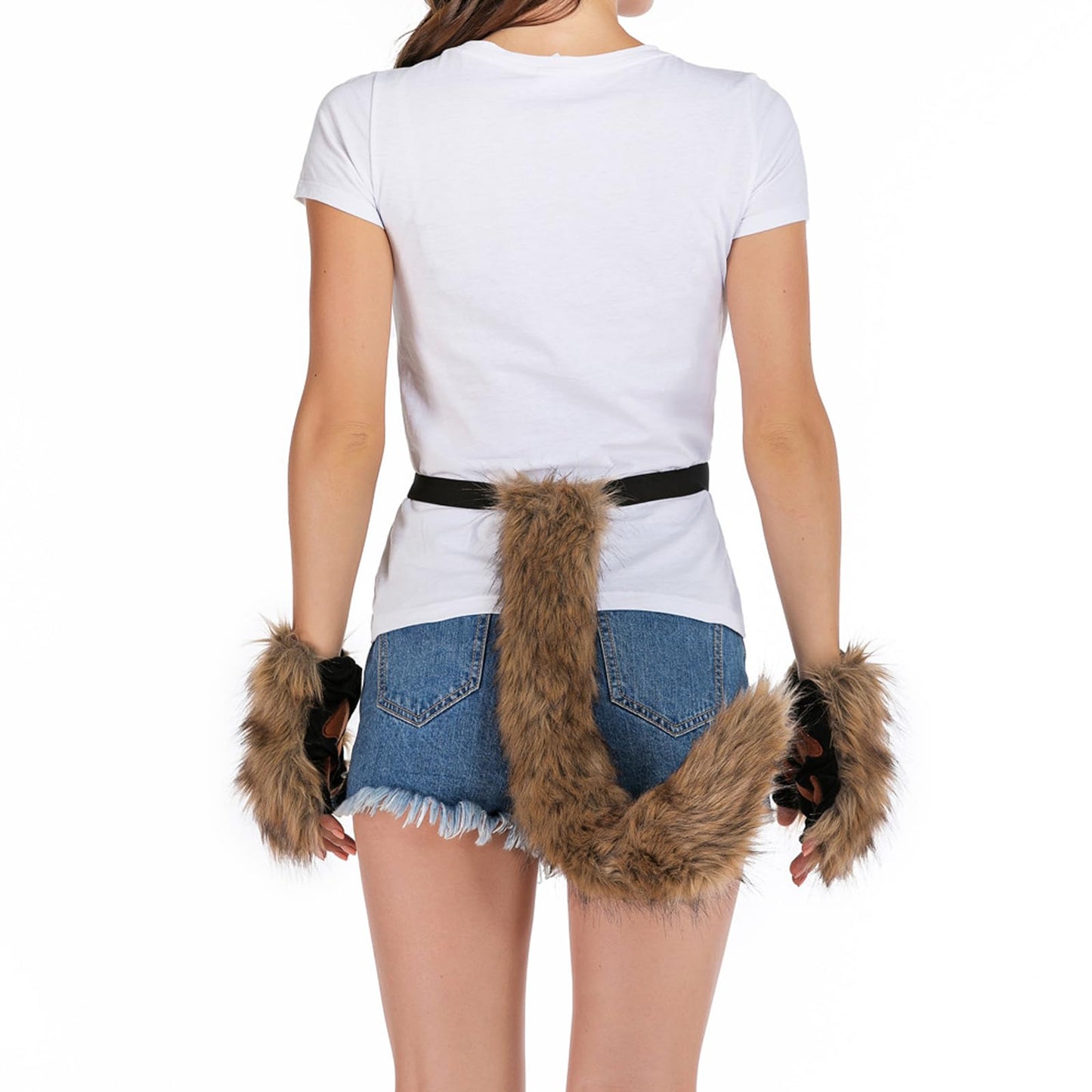 Adolala Faux Fur Fox Tail Cat Wolf Cosplay Costume Set Plush Mask Fluffy Paw Gloves Halloween Christmas Party for Girls Women