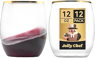 JOLLY CHEF 12 Pack 12oz Gold Plastic Wine Glasses Stemless, Gold Disposable Wine Cups, Premium Quality, Unbreakable, Dispo...