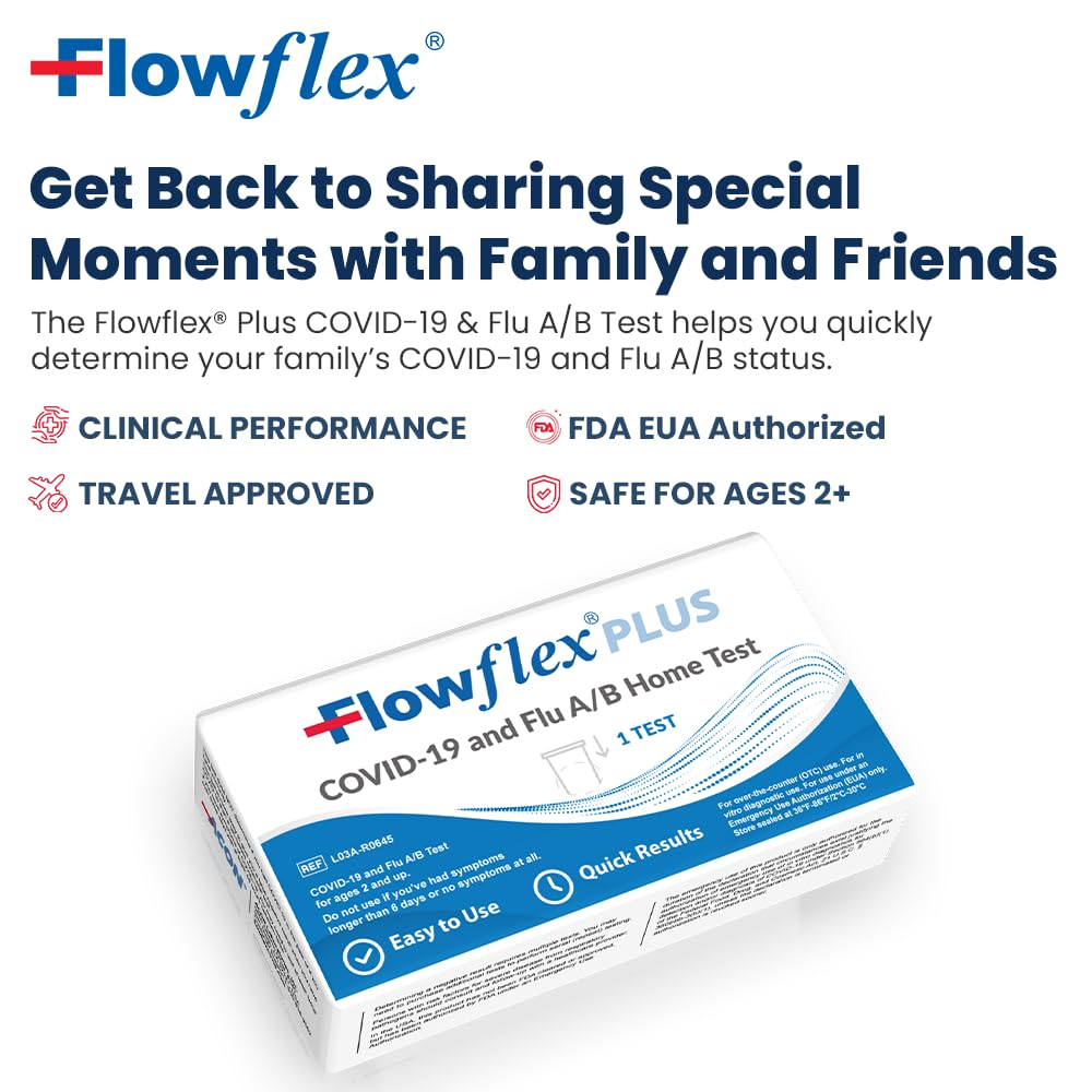 COVID & Flu Home Test by Flowflex Plus, Rapid Results in 15 Minutes, Trusted OTC COVID-19 & Flu A/B Testing Kit, FSA and HSA Eligible, Easy to Use & No Discomfort, 1 Pack 1 Test