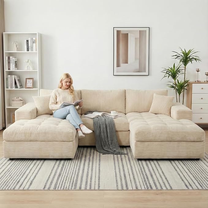 NAYA 106” Modular Sectional Sofa, Cloud Sectional Couch with Deep Seat, Modern Modular L-Shape Sofa Boneless Couch with Chaise for Living Room Bedroom (Beige, Cloudy U-Shaped Minimalist Sofa)