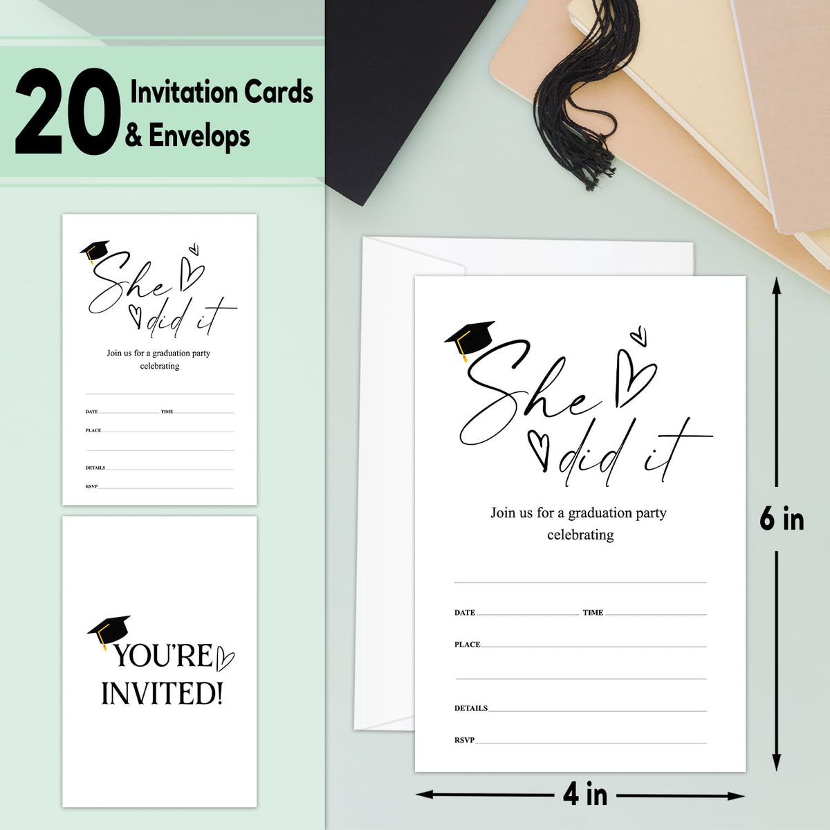 Graduation Invitation Cards, She Did It Grad Invitations for High School College Masters, Grad Party Announcement Cards, 20 Invitation Card With Envelope, Graduation Party Favor & Supplies - yq03