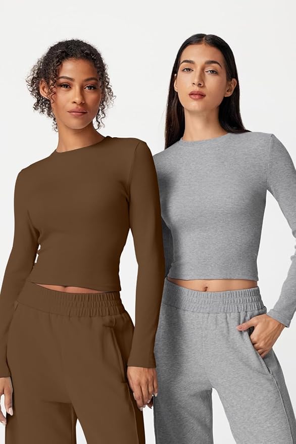 QINSEN Womens 2 Piece Sets Long Sleeve Slim Fit Crop Tops Wide Leg Pants Matching Lounge Set