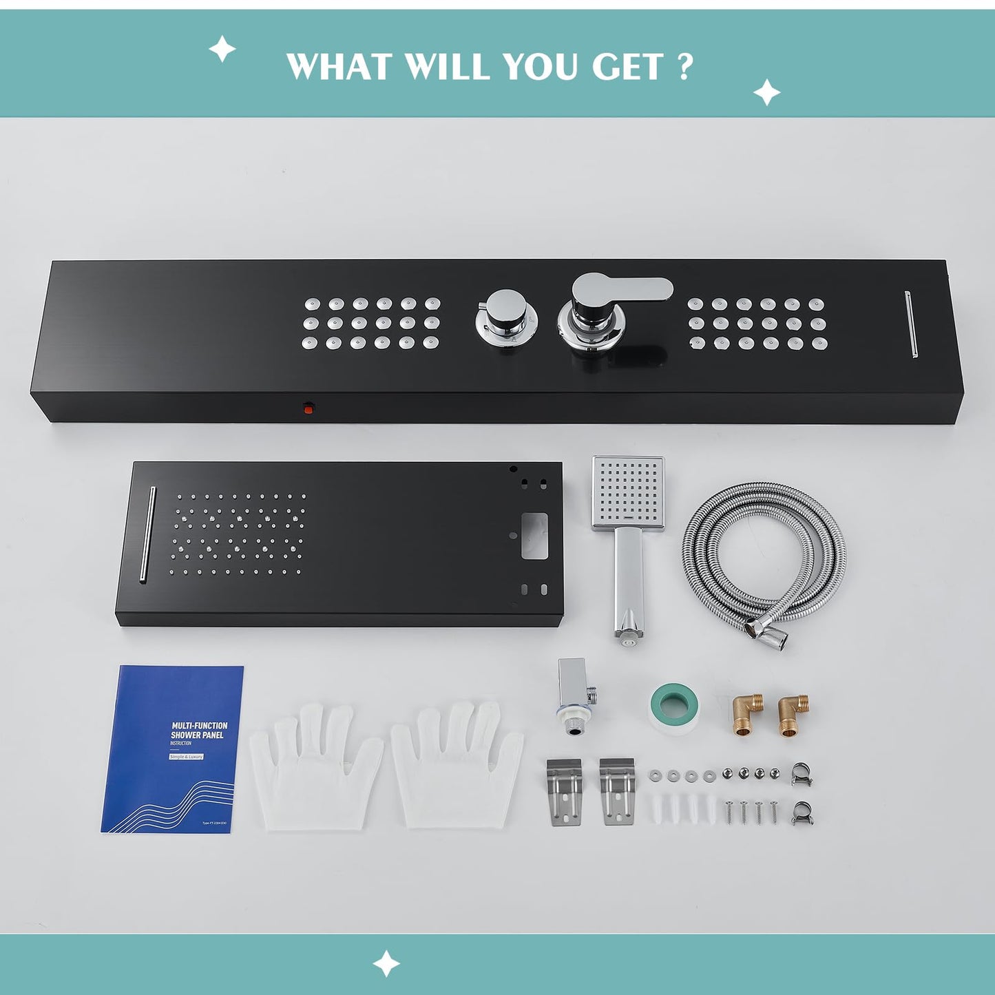 KINKIB LED Shower Panel Tower System Black with Rainfall Waterfall Shower Head, 5-in-1 Shower Tower with Powerful Body Jets, Handheld Shower and Tub Spout, High Pressure Shower Column Stainless Steel