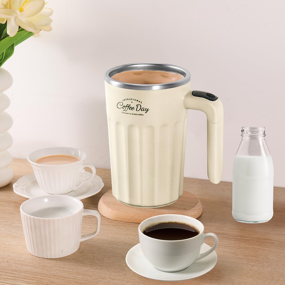 TLINNA Drink Stirrer,Self Stirring Mug,Self Stirring Coffee Mug,Suitable for Coffee, Milk, Cocoa and Other Beverages (Cream White)