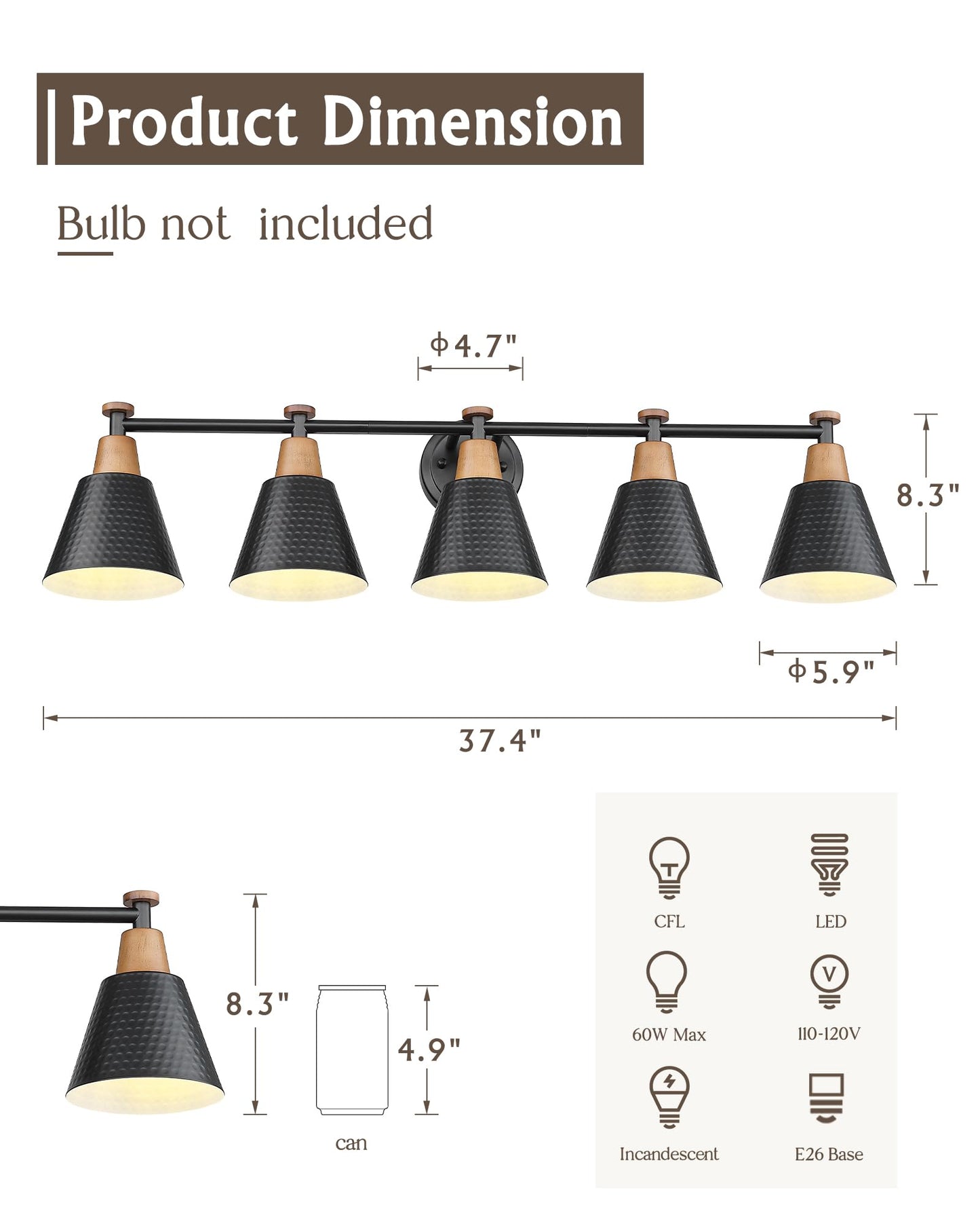 FEMILA 37.4" Black Vanity Light, Black Bathroom Light Fixture, Bathroom Lighting Fixtures Over Mirror with Matte Black Finish, 4FG59B-5W BK