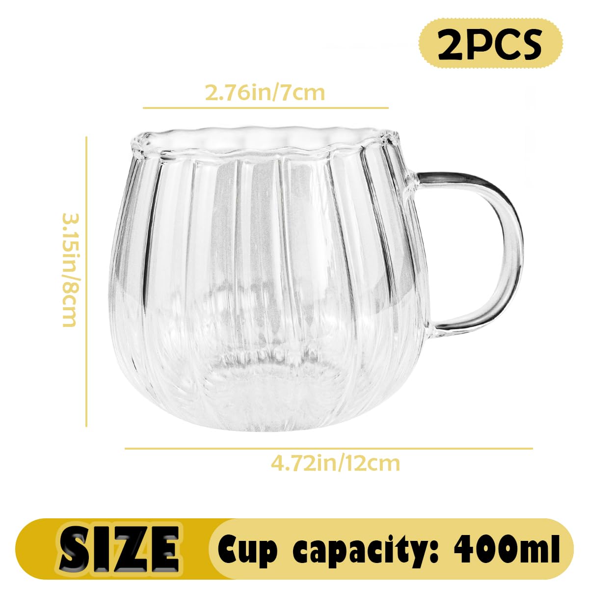 LNQ LUNIQI 2Pcs Glass Cups With Handle Pumpkin Shaped Transparent Coffee Cups 350ml Drinking Cups Clear Glass Water Cups for Home School Office Table Centerpieces Housewarming Holiday Party Present