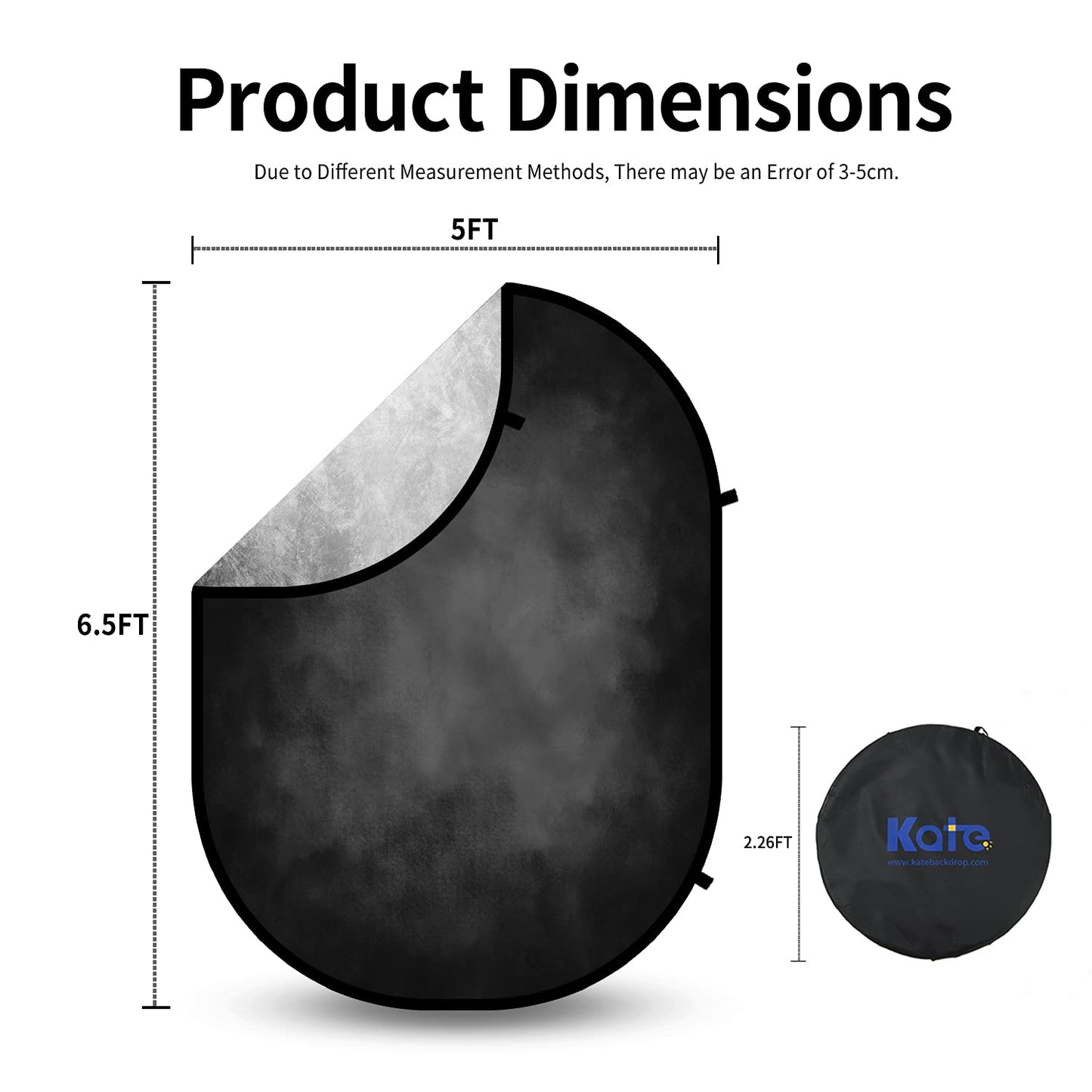 Kate 5x6.5ft(1.5x2m) Collapsible Backdrop Folded Microfiber Professional Grey and Black Double-Sided Pop up Collapsible Background for Photography