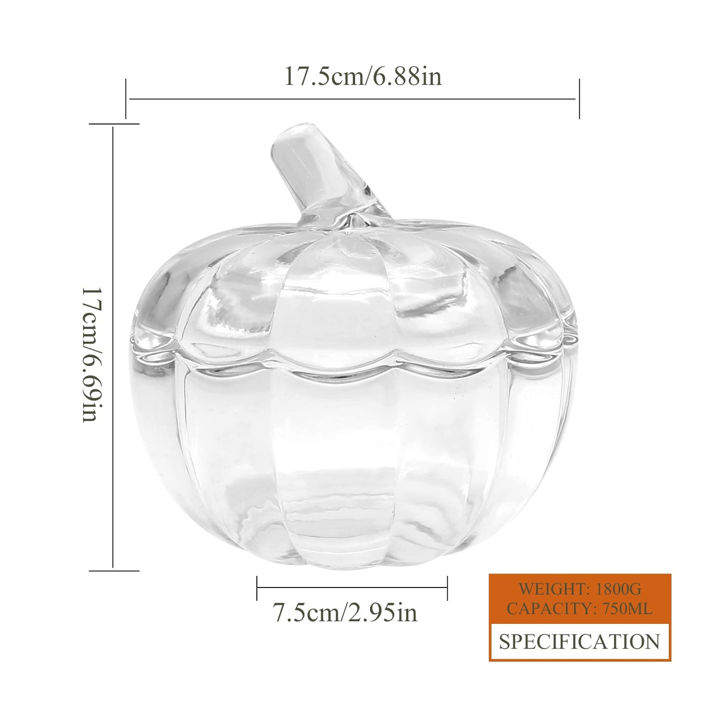 LIDSCURA Glass Pumpkin Jar with Cover, Halloween Pumpkin Candy Bowl with Lid, Transparent Pumpkin Cookie Bucket, Decorative Sugar Storage Container for Home Decor Party Wedding Decorating