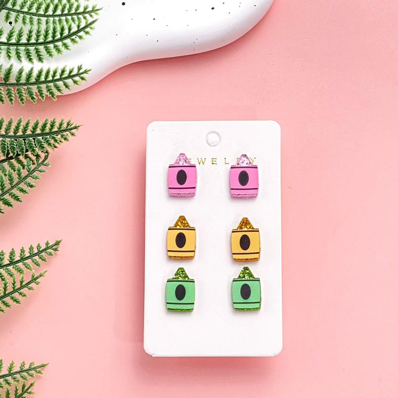 Shiny School-themed Teacher Earrings Glittering ABC Pencil Paint Palette Crayon Stud Earrings Set Graduation Back to School Gift