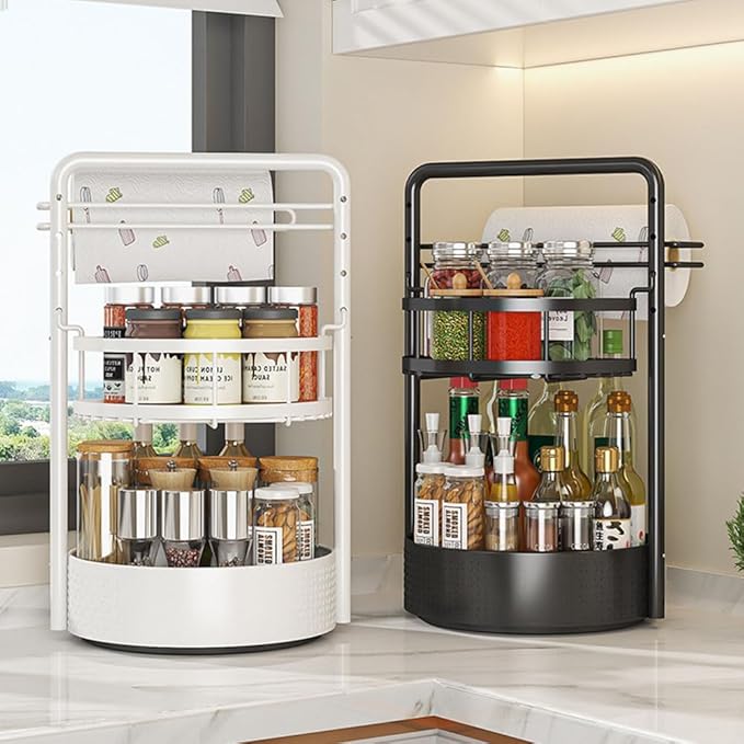 JEESA Lazy Susan Organizer, 360° Rotating Metal Spice Rack with Paper Towel Holder, Turntable Spice Holder for Condiments, Bottles, Jars, Suit for Kitchen Countertop & Cabinet, White