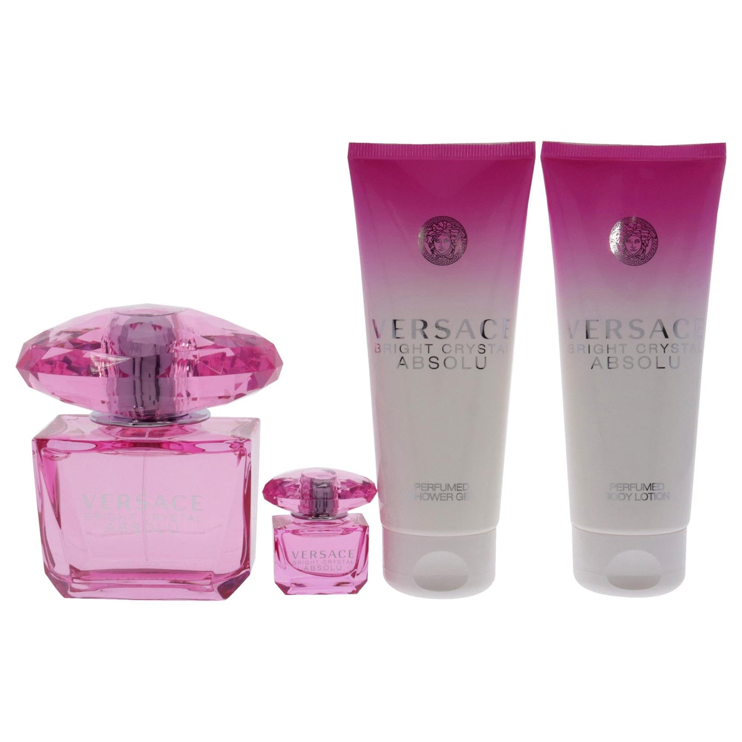 Versace Bright Crystal Absolu by Versace for Women - 4 Pc Gift Set 3oz EDP Spray,5ml EDP Spray Mini,3.4oz Shower Gel,3.4oz Body Lotion