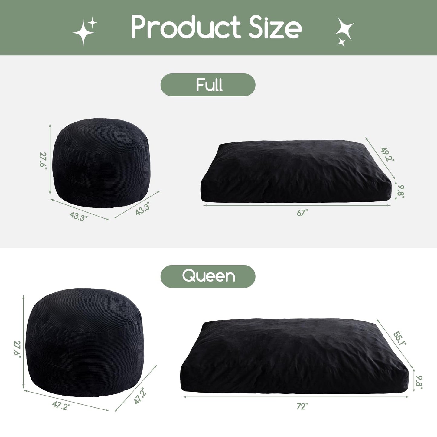 HIGOGOGO Giant Bean Bag Chair Bed for Adults,Convertible Beanbag Folds from Lazy Chair to Floor Mattress Bed,Large Floor Sofa Couch for Adult,Couples,Family,High-Density Foam Filling, Machine Washable