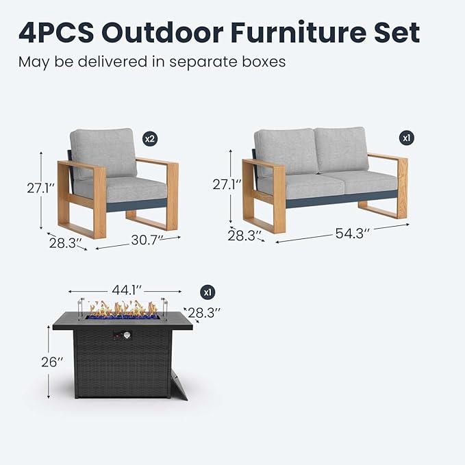 4 Pieces Aluminum Patio Furniture Set, Outdoor Conversation Sets with High Backrest Sofa and Fire Pit Table for Garden and Backyard