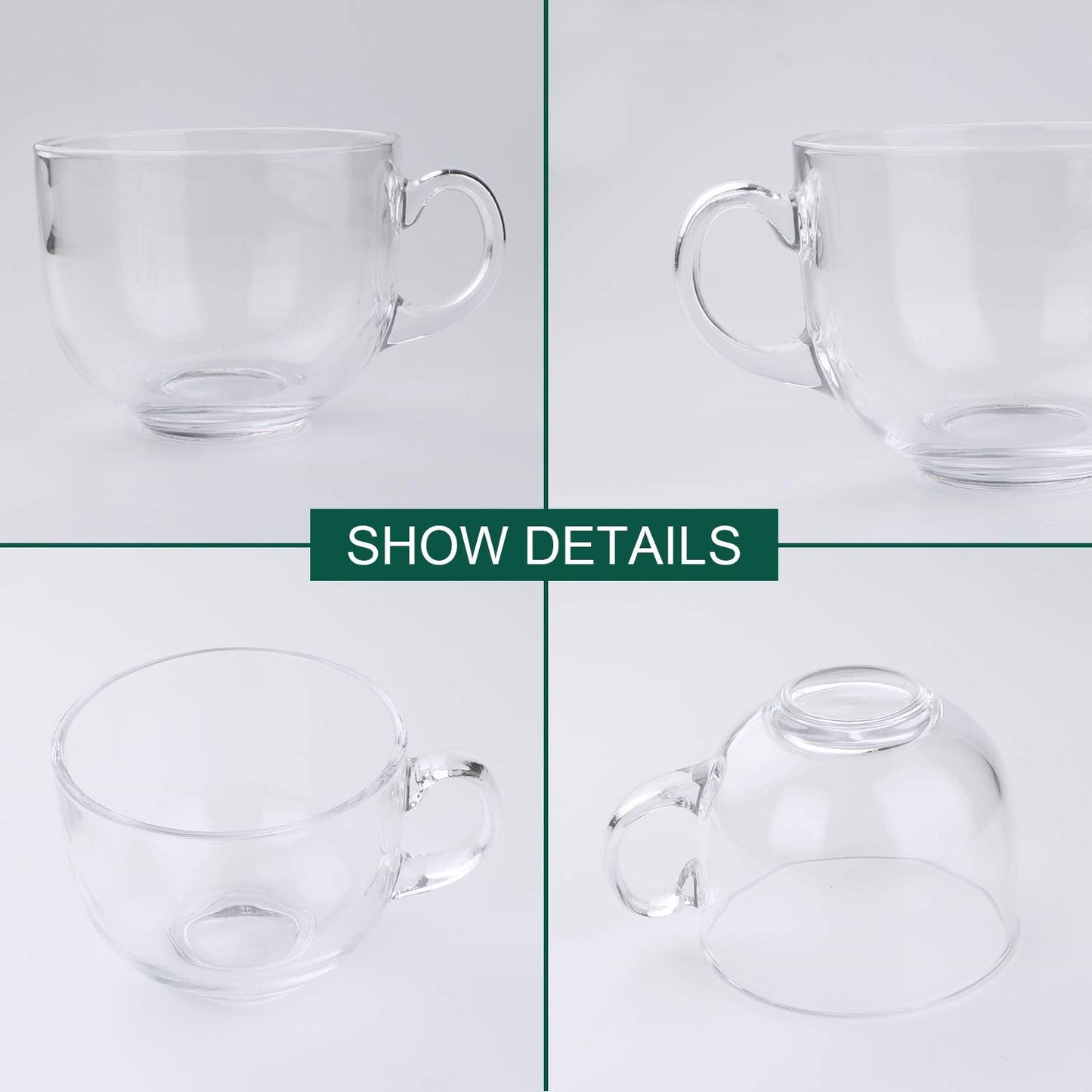 Maredash 16oz Glass Jumbo Mugs With Handle For Coffee, Tea, Soup,Clear Drinking Cup,Set of 6