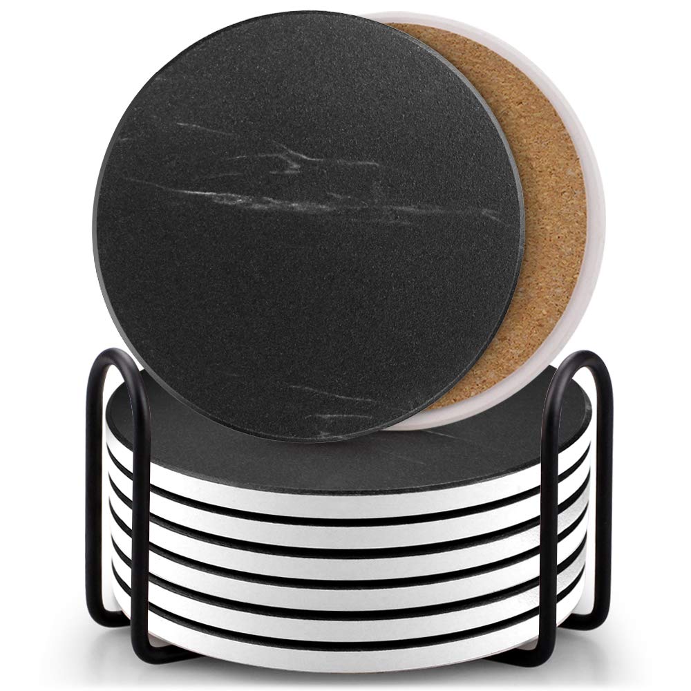 EAGMAK Set of 8 Coasters for Drinks, Absorbent Marble Style Ceramic Drink Coaster with Holder for Coffee Wooden Table Home Decor (White)