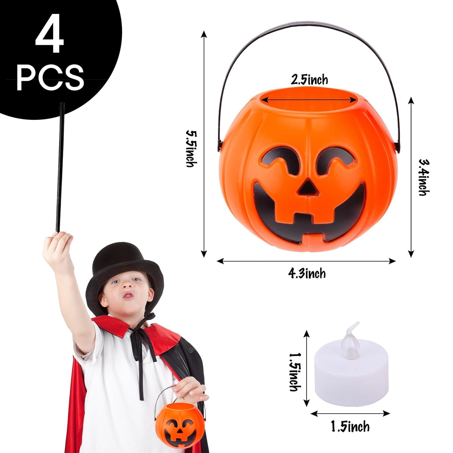MCPINKY Halloween Pumpkin Buckets, 4PCS Portable Jack-O-Lantern Buckets with 4PCS Candle LED Lights Trick or Treat Goody for Kids Halloween Party Favors Room Decor