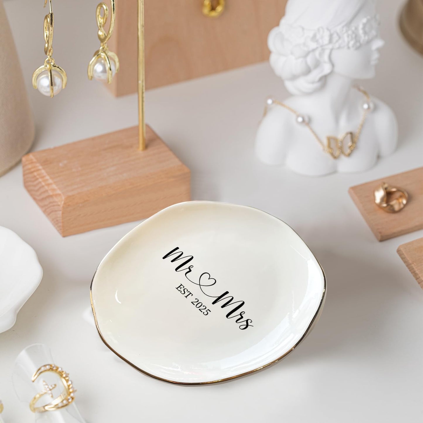 Mr & Mrs EST 2025 Ring Dish - Elegant Ceramic Ring Holder for Engagement, Wedding, and Bridal Shower Gifts - Honeymoon Keepsake for Friends, Newlyweds, and Bride-to-Be