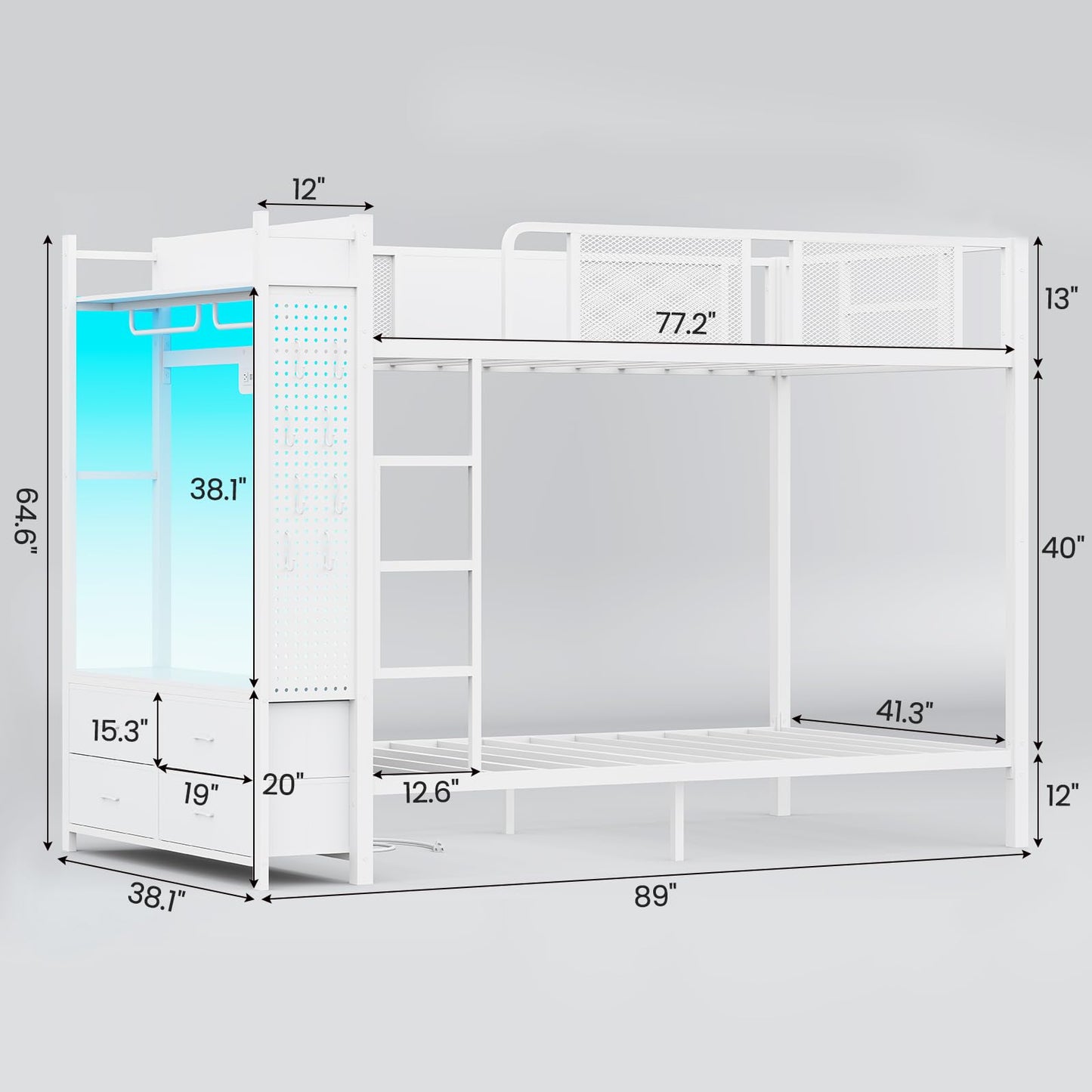 Itaar Metal Bunk Bed Twin Over Twin with Hall Tree, Power Outlet, LED Bunk Bed with 4 Storage Drawers, Bed with Safety Guardrail & Ladders, No Box Spring Needed, Easy Assembly, White