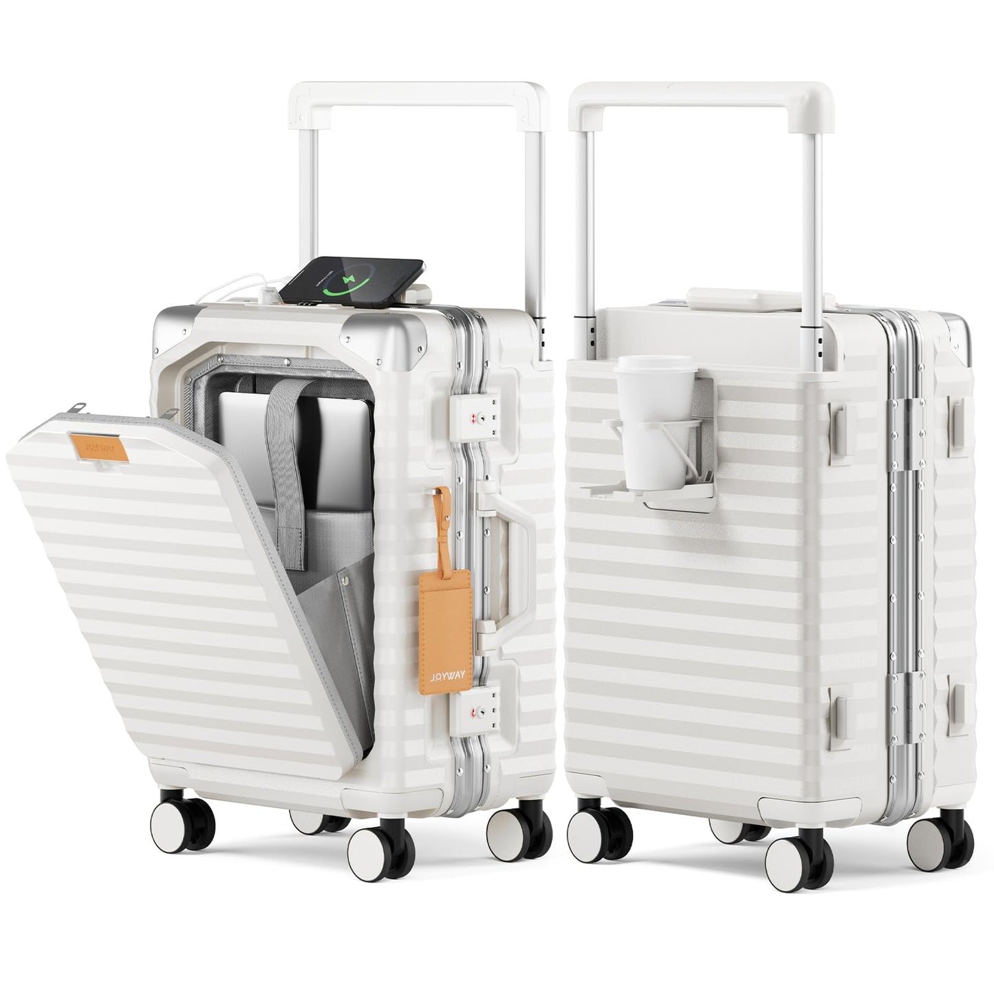 Joyway 20 Inch Carry on Luggage with Aluminium Frame and Front Pocket, PC Hardshell Suitcase with USB Port and Cup Holder, 21.5x14.2x9 Airline Approved, Luggage with Spinner Wheels and TSA Lock(White)