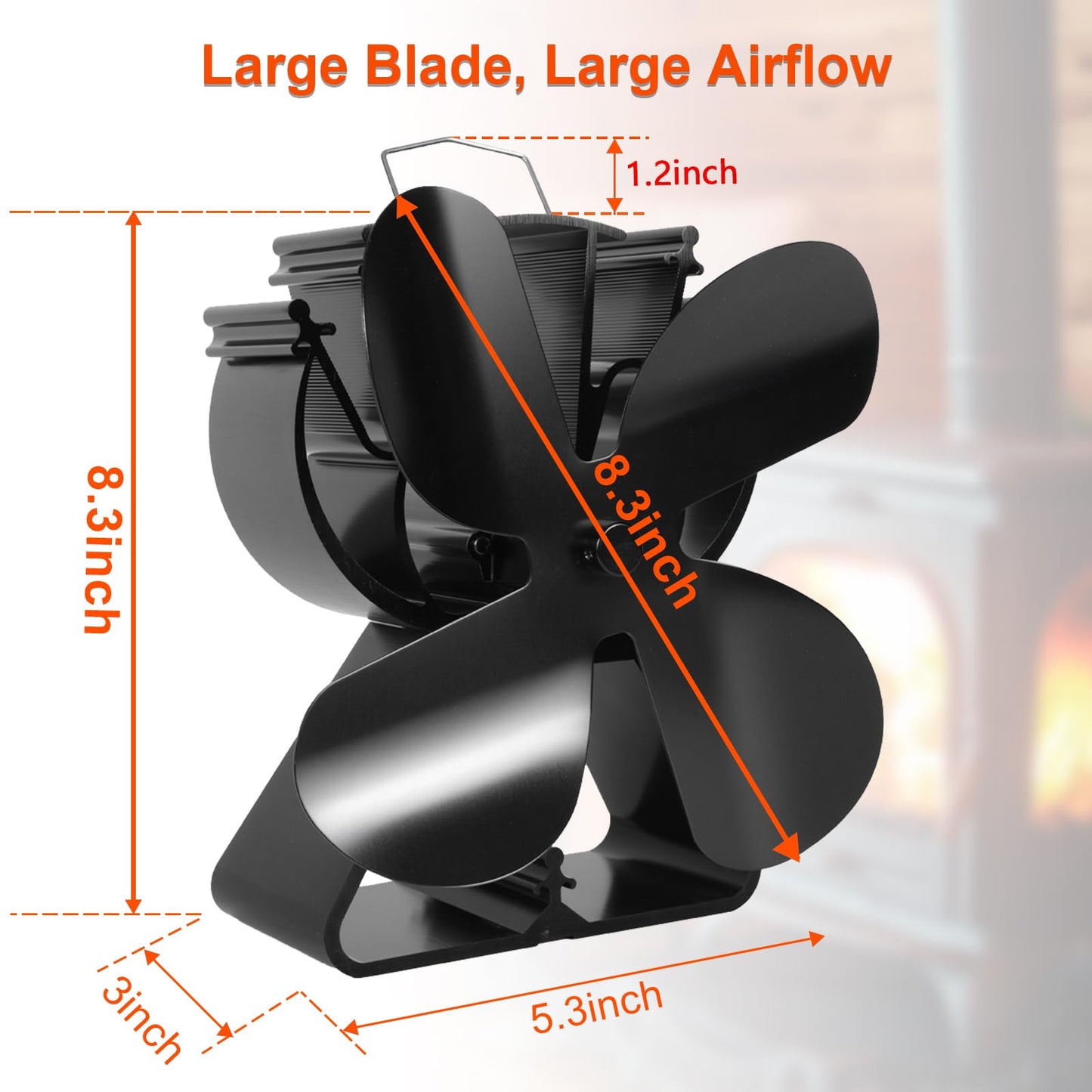 VODA 4-Blade Heat Powered Stove Fan for Wood/Log Burner/Fireplace increases 80% more warm air than 2 blade fan