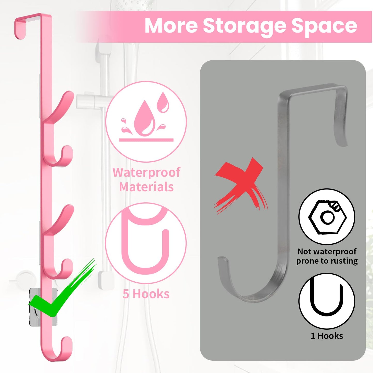 Over The Door Hooks, Metal Door Hooks for Hanging, Over The Door Purse Organizer for Door Coat Hanger, Back of Shower for Hanging Towel Rack Clothes, Hat, Bathroom, Closet (Pink-2Packs)
