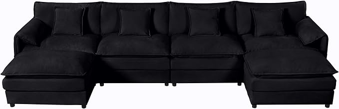 RENDGO 143" Modular Sectional Sofa, Chenille Cloud Couch for Living Rooms & Apartment, Deep Seat Comfort, Flexible U-Shape Combination Sofa for Family Guest Rooms,2 Ottoman,Black