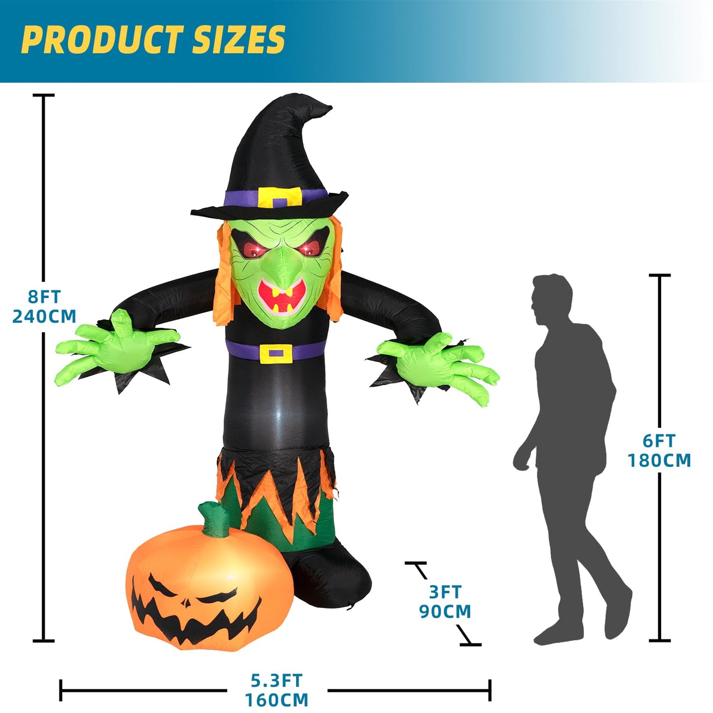 ININ 8FT Halloween Inflatable Witch Decorations Outdoor Built-in LED Lights,Halloween Blow Up Yard Decorations,Scary Party Decorations,Haunted House Decor,for Yard/Lawn/Garden.