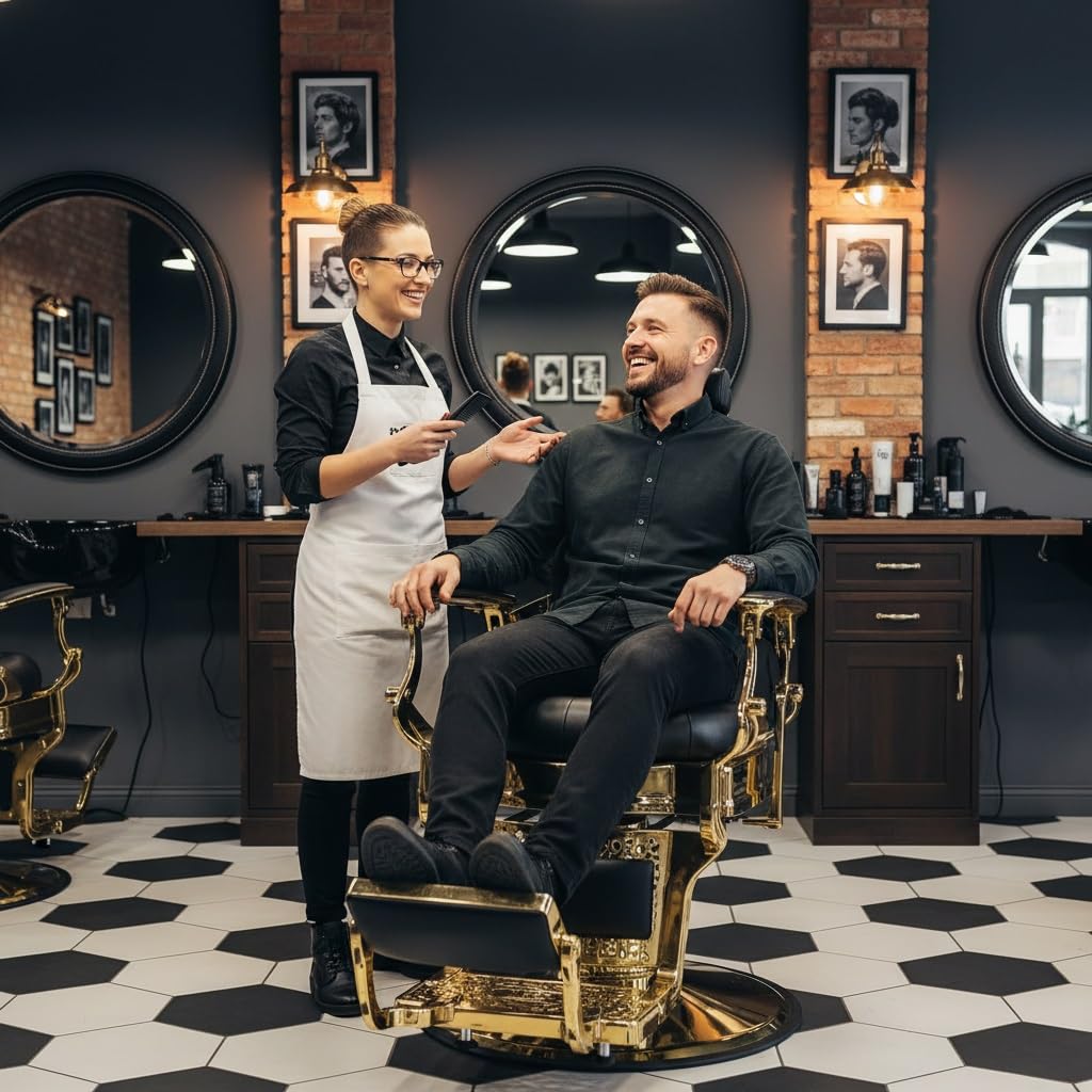 Kaleurrier Salon Chair for Hair Stylist: Barber Chairs for Barbershop - Heavy Duty Reclining Hair Chair with Footrest for Home Wide Seat Gold and Black