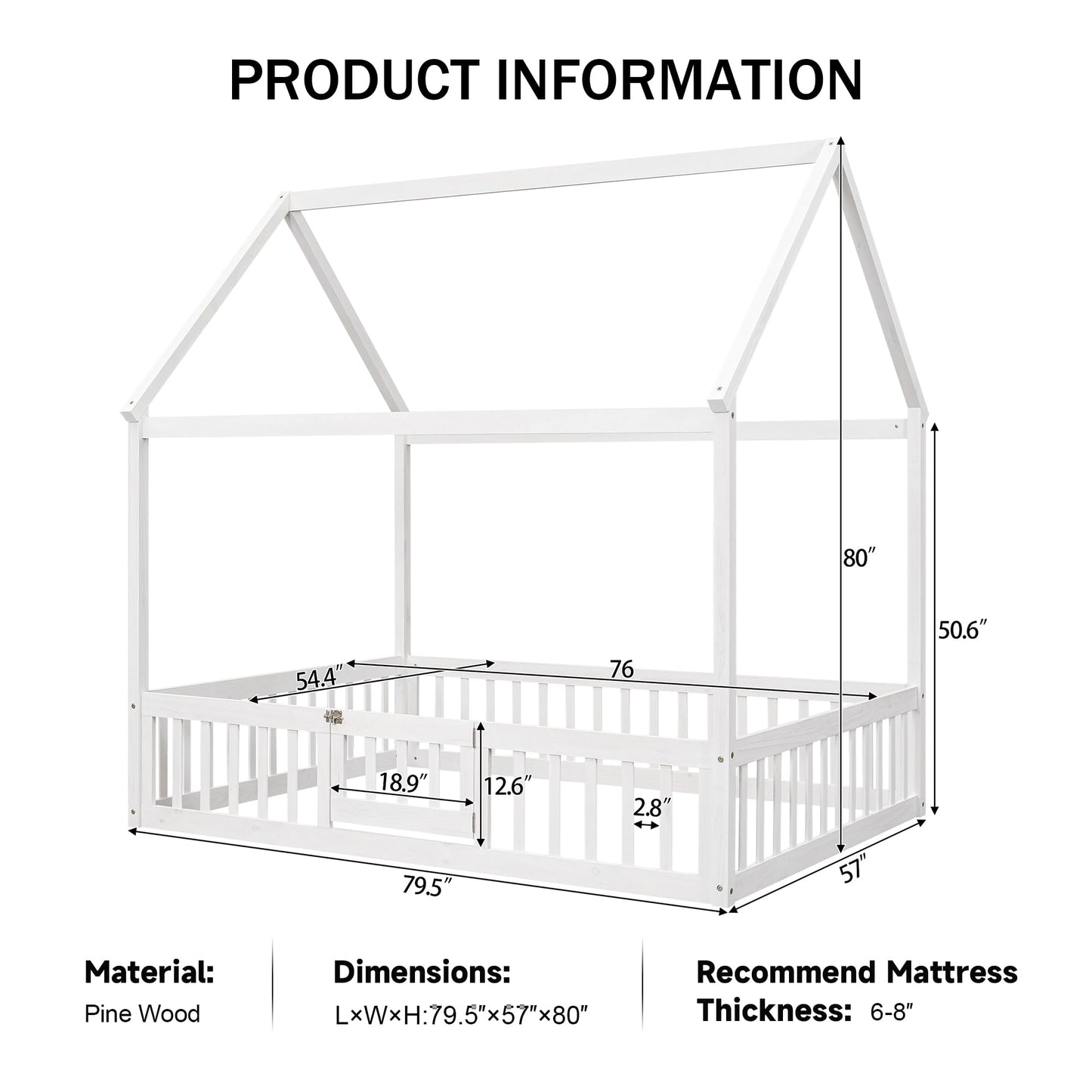 Merax Wooden House Bed, Floor Bed with Fence and Door,Full Guardrail, Full Size, White