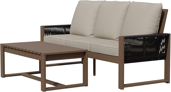 INTER HUT Rustic Hideaway Natural Cedar Wood Outdoor Furniture Set, Wicker Patio Conversation Set for Porch Garden Backyard, Couch and Coffee Table, 2 Piece, Brownish/Beige