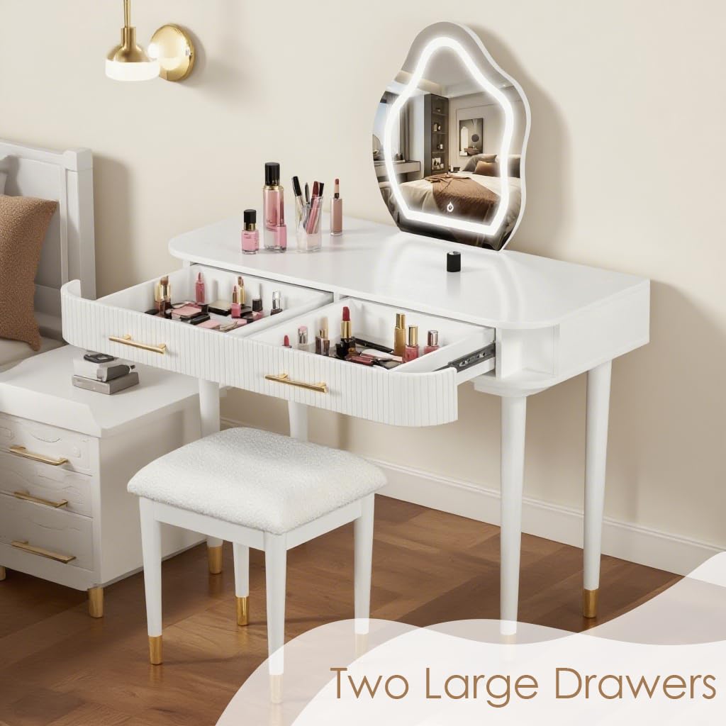 Goldshire 40" Modern Vanity Table Set with Mirror and Lights, Dressing Table and Cushioned Stool Set with 2 Large Drawers, Modern Makeup Table for Bedroom,Makeup Room