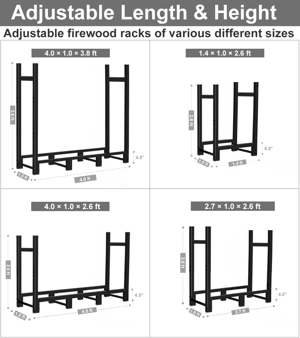 Khordin 4ft Firewood Rack Adjustable Heavy Duty Fire Wood Stand Holder for Outdoor Indoor Fireplace Log Storage, Metal Lumber Stacker Organizer, Black