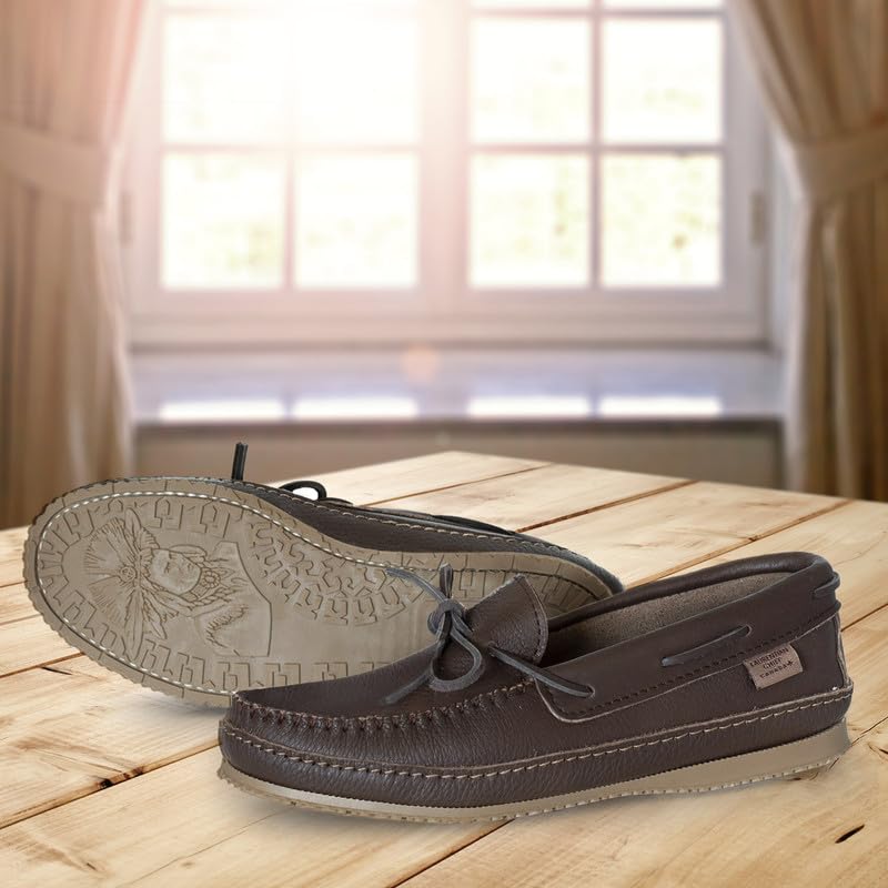 Laurentian Chief Moccasin Slippers for Men with Single Lacing, 8 Hole Collar and Padded Indian Rubber Sole, Canada Qualit...