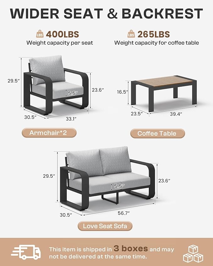 Aluminum Outdoor Patio Furniture Set, 4 Piece Oversized Patio Conversation Sets Widened Armrest & Ultra-Thick Cushions, Heavy Duty Modern Sectional Furniture for Backyard, Deck, Gray