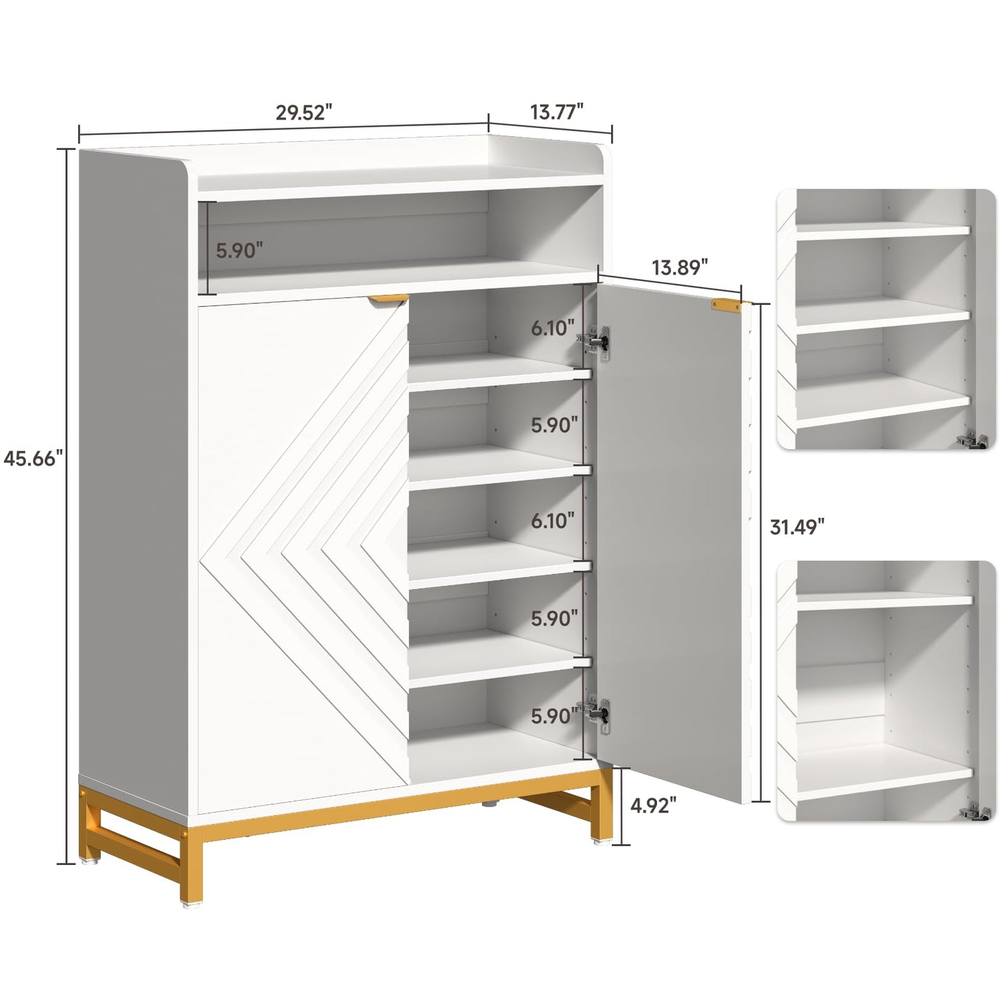 ONBRILL Shoes Cabinet for Entryway,6-Tier Shoe Storage Cabinet with Hombus Line Doors and Adjustable Shelves, Wooden Shoes Rack Modern Shoe Storage Organizer for Hallway, Living Room, White & Gold