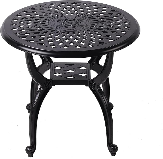 WILOUNGE Cast Aluminum Outdoor Side Table,Small Patio Table,Outdoor Coffee Tables for Patio,Garden,Balcony, for All Weather (Black, Round)