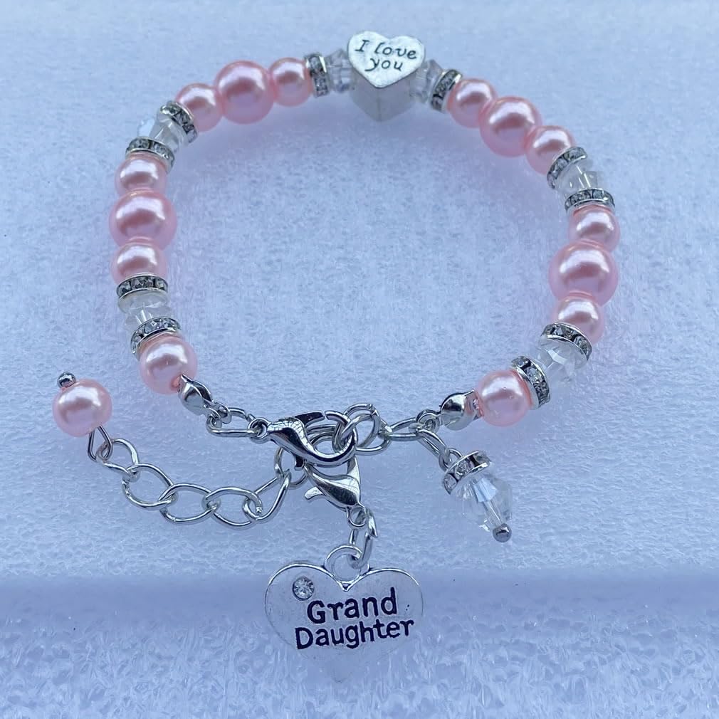 DOLON Graduated Pink Glass Pearls Facted Beads Rhinestone I Love You Charm Granddaugther Bracelet Jewelry Back to School Birthda