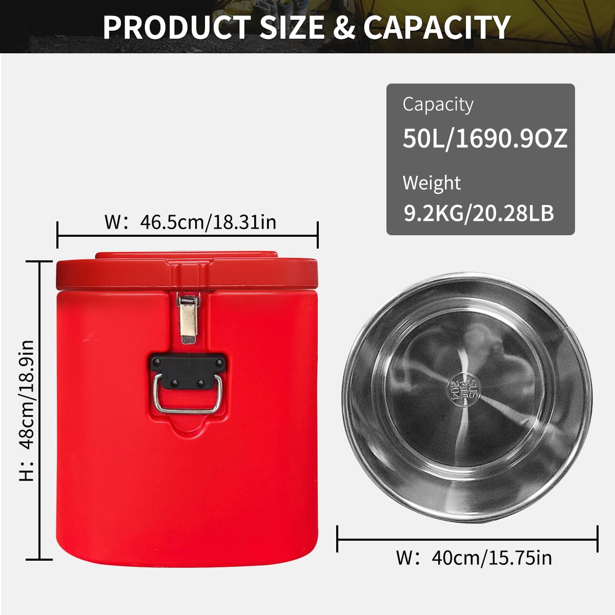 Insulated Soup Container Commercial Food Warmer for Hot or Cold Food,13.2 Gallon Hot Box for Catering, Food Cooler with 4 Buckles, Handles,Soup Carrier for Restaurant, Canteen, Home