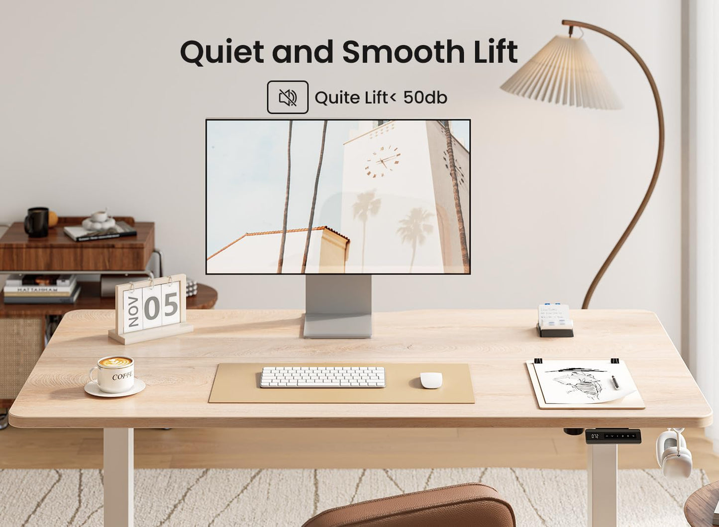 BANTI 55 × 24 Inches Standing Desk, Ergonomic, Electric Height Adjustable, Sit and Stand Up, Computer Office Desk with Splice Board, White Frame/Maple Top
