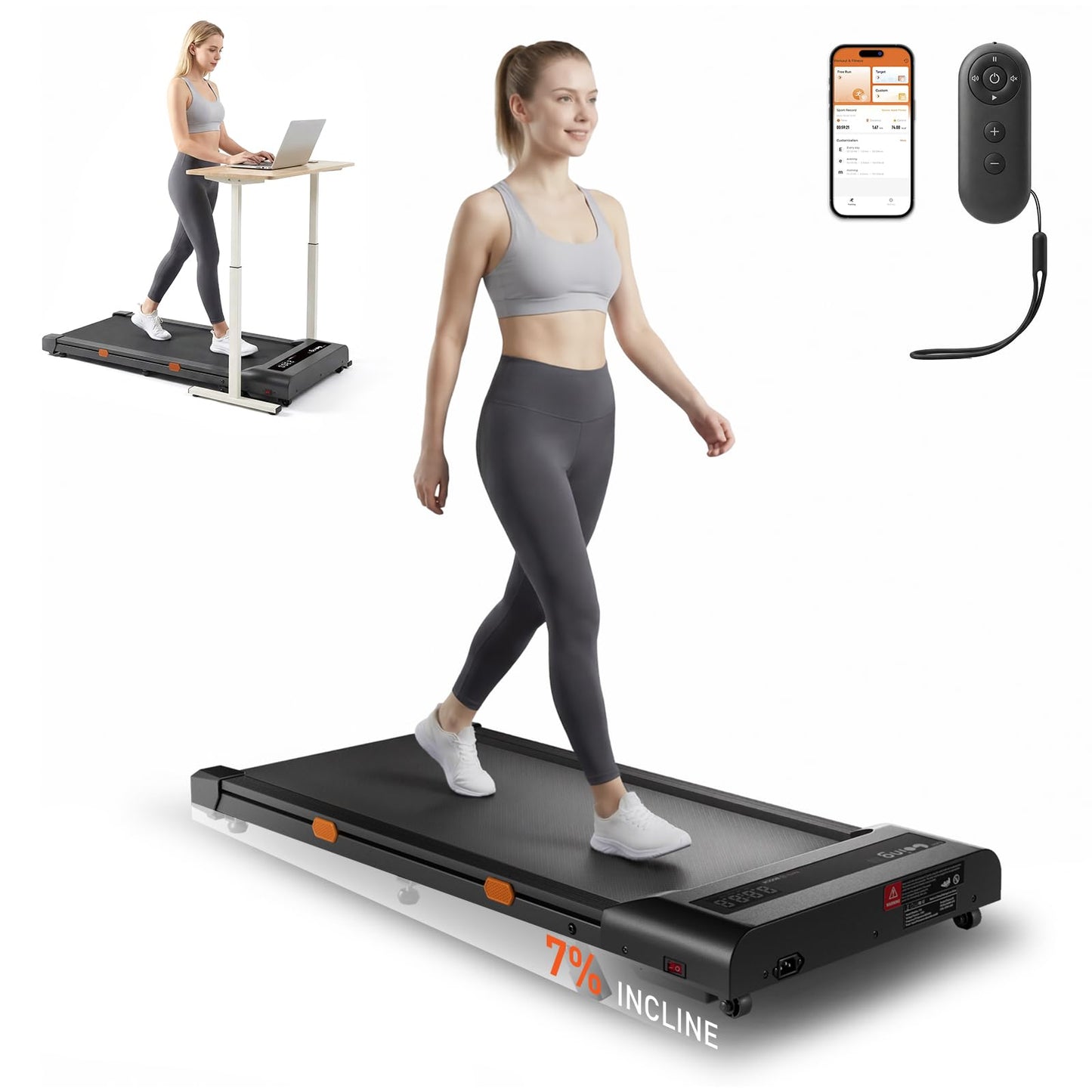 Cybergoing T10 Walking Pad Treadmill with Bosch® Motor, Under Desk Treadmill, Fixed 7% Manual Incline, Up to 4 MPH, 2.5HP, 300lb Capacity, App + Remote, 15"x36" Belt, Treadmills for Home