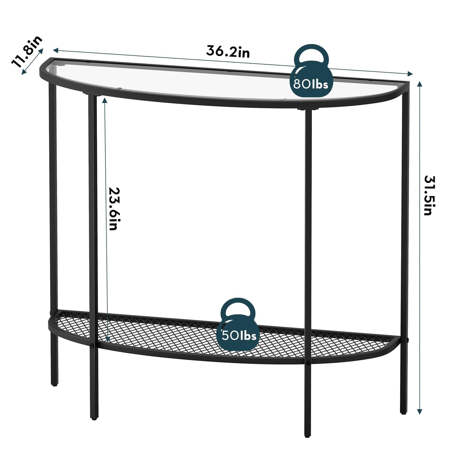 SAYGOER Glass Half Moon Console Table 2 Tier Narrow Entryway Table with Black Metal Frames, Modern Couch Table Small Entry Way Tables, Easy Assembly, Clear Glass